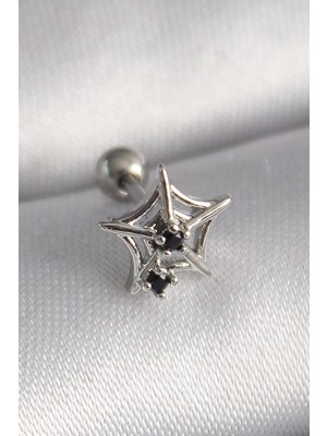 Epilons 316L Çelik Gümüş Renk Siyah Zirkon Taş Detay Örümcek Ağ Model Tragus Piercing - TJ-PR1293
