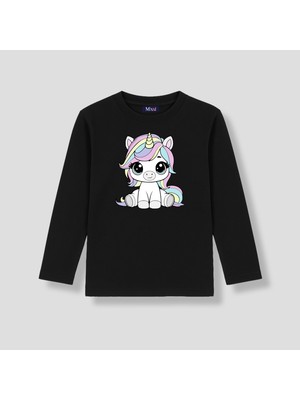 Mixxi Fashion Unicorn Tek Boynozlu At Baskılı  Uzun Kollu  Kız Çocuk Tişört (4-13 Yaş)