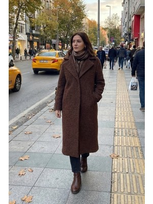 Robin D99823 Buklet Kaşe Kumaş Tek Düğme Kadın Uzun Kaban