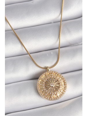 Epilons 316L Çelik Gold Renk Zirkon Taşlı 12 Burç Madalyon Model Kadın Kolye - TJ-BKO9542