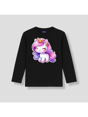 Mixxi Fashion Unicorn Tek Boynozlu At Baskılı  Uzun Kollu  Kız Çocuk Tişört (4-13 Yaş)