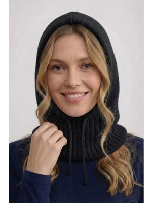 Nacar Çarşı Kadın Siyah Örgü Balaclava - Kapüşonlu Kışlık Boyunluklu Bere Balaklava