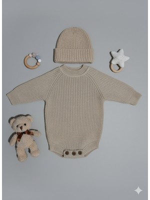 Meriç Bebe Unisex Dikişsiz Triko Badi & Şapka Seti - Alttan Düğmeli Reglan Kol Pamuksu Akrilik (3-12 Ay)