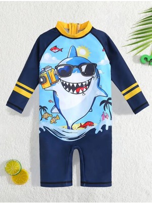 RosabelleMare Erkek Bebek Köpekbalığı Desenli Uzun Kol Tulum Mayo, Fermuarlı, Eğlenceli ve Rahat.