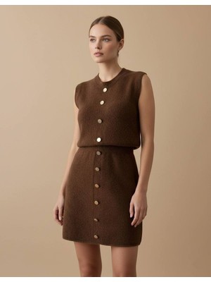 Lwl Bisiklet Yaka Düğmeli Triko Süveter ve Önü Düğmeli Fitilli Mini Etek Takım