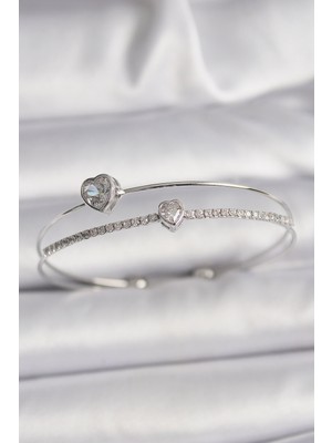 Epilons Pirinç Gümüş Renk Zirkon Taşlı Kalp Model Kadın Bileklik - TJ-BB6537