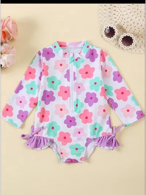 RosabelleMare Çiçek Desenli Kız Bebek Tulum Mayo, Uzun Kollu, Ince Yapılı, Fırfır Detaylı, Yaz Için Ideal.