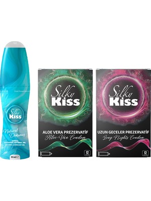 Silky Kiss 3’lü Set 1 – Silky Kiss Natural Kayganlaştırıcı Jel, Aloe Vera Prezervatif, Uzun Geceler Prezervatif