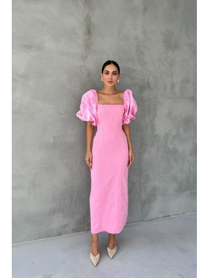 Martcini Pembe Işlemeli Kolu Garnili Elbise