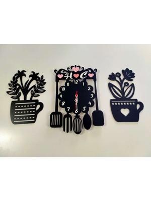 Siyah Mutfak Duvar Saati ve Çiçek Süsü 3lü Set Kişiye Özel Isim Yazılı Çok Şık Doğa Asimetrik No:89