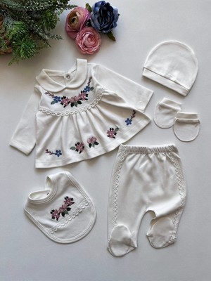 Baharda Nova %100 Pamuk Kız Bebek Yeni Doğan 5’li Hastane Çıkış Seti / Zıbın / Mevlüt Set