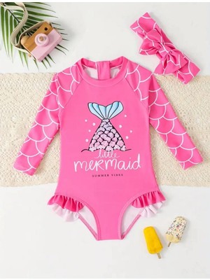 RosabelleMare Kız Bebek Denizkızı Desenli Uzun Kol Tulum Mayo, Fırfır Detaylı, Saç Bantlı Set.