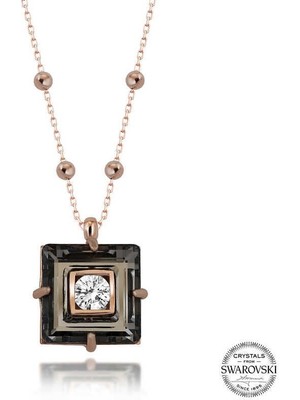 Özcömert Silver Swarovski Crystal Taşlı Rose Top Zincir Siyah Elmas Gümüş Kadın Kolye