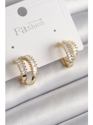 Epilons Pirinç Gold Renk 2'Li Zirkon Taşlı Halka Model Kadın Küpe - TJ-BKP9975