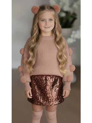 Kız Çocuk Ponponlu Kazak Payet Etek Toka Çorap Takım Kombin 2-8 Yaş Kırmızı Pembe Kahverengi