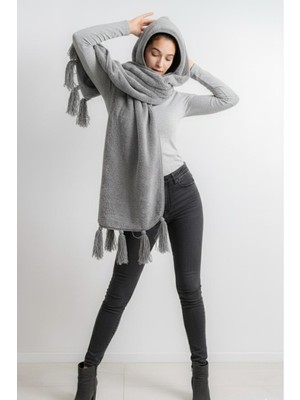 Cakkatex Wellsoft Peluş Kapüşonlu Püsküllü Modern  Atkı