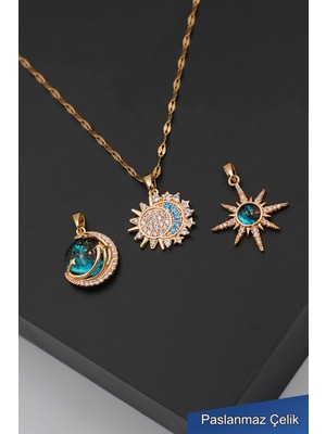 Trend Collection Değiştirilebilir Kolye Uçlu Gold Paslanmaz Çelik Kolye Seti – 3’lü Kadın Kolye