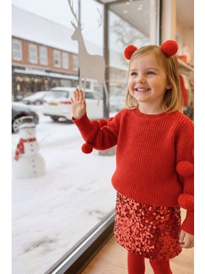 Kız Çocuk Ponponlu Kazak Payet Etek Toka Çorap Takım Kombin 2-8 Yaş Kırmızı Pembe Kahverengi