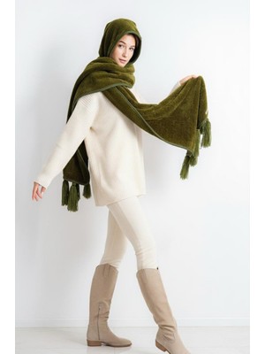 Cakkatex Wellsoft Peluş Kapüşonlu Püsküllü Modern  Atkı