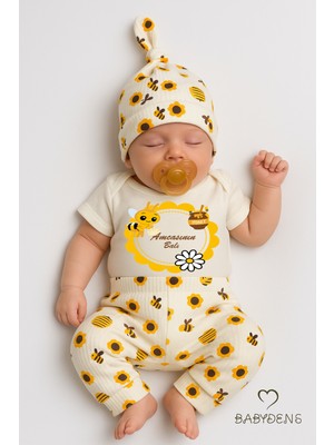 Babyden's Amcasının Balı Yazılı 3’lü Bebek Takımı Kısa Kollu Çıtçıtlı Body, Arı Desenli Fitilli Pantolon, Bere