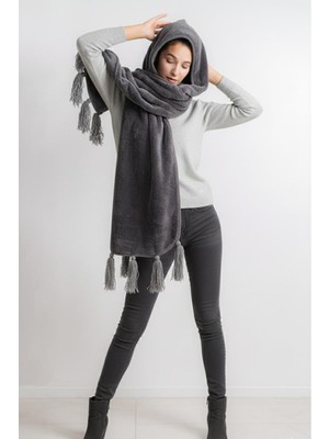 Cakkatex Wellsoft Peluş Kapüşonlu Püsküllü Modern  Atkı