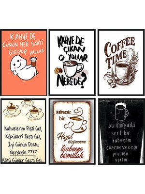Exin Retro Tarz Kahve Temalı Dekoratif Poster Seti – 6’lı Mdf Uv Baskı Kahve & Mutfak Duvar Süsü