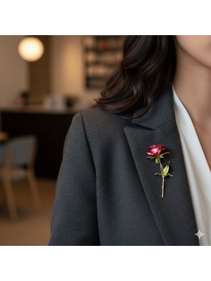 Lente Aksesuar Metalik Kırmızı Gül Broş Vintage Tarz Kadın Yaka Iğnesi