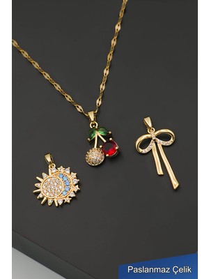 Trend Collection Değiştirilebilir Kolye Uçlu Gold Çelik Kolye Seti – 3’lü Kadın Kolye