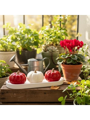 Semy Store Dekoratif Tabaklı Kırmızı-Beyaz 3'lü Balkabağı Seti, Ev Dekorasyon, Obje, Biblo, Süs