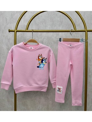 Noble Kids Bluey Temalı Pembe Takım – Sırt Baskılı Sweatshirt & Tayt, Kız Çocuk, 2–8 Yaş
