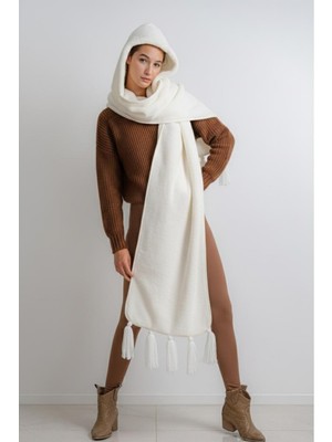 Cakkatex Wellsoft Peluş Kapüşonlu Püsküllü Modern  Atkı