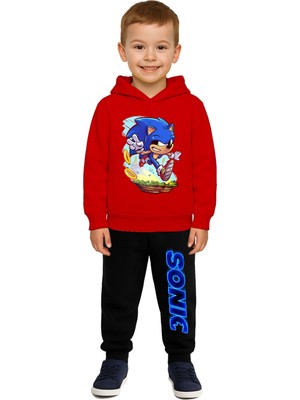 Sedirli Sonic Baskılı Çocuk Eşofman Takımı 3 Iplik Şardonlu Pamuklu Kumaş Kapüşonlu