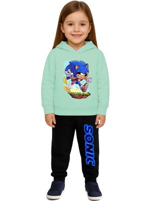 Sedirli Sonic Baskılı Çocuk Eşofman Takımı 3 Iplik Şardonlu Pamuklu Kumaş Kapüşonlu