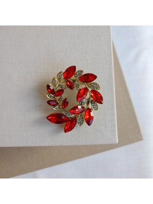 Lente Aksesuar Işıltılı Kırmızı Kristal Detaylı Buket Formlu Kadın Broş - Lüks Tasarım Yaka Iğnesi