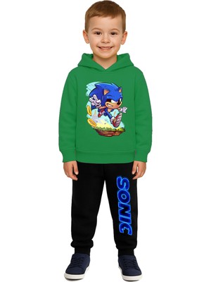 Sedirli Sonic Baskılı Çocuk Eşofman Takımı 3 Iplik Şardonlu Pamuklu Kumaş Kapüşonlu