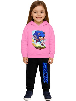 Sedirli Sonic Baskılı Çocuk Eşofman Takımı 3 Iplik Şardonlu Pamuklu Kumaş Kapüşonlu