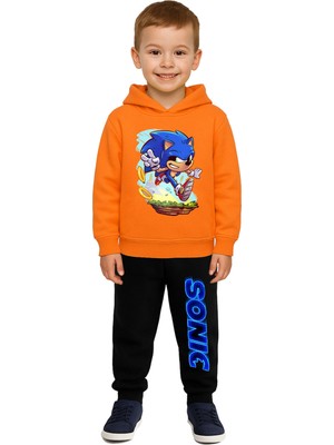 Sedirli Sonic Baskılı Çocuk Eşofman Takımı 3 Iplik Şardonlu Pamuklu Kumaş Kapüşonlu