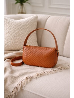 Lorevie Kadın Taba Kahverengi Örgü Desenli Omuz ve Çapraz Askılı Günlük Şık El ve Omuz Çantası
