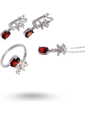 925 Ayar Gümüş Damla Kırmızı Tek Taş Yakut Özel Tasarım Kolye Küpe Yüzük Kadın Set
