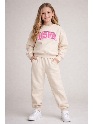 Noble Kids Logo Baskılı Krem Takım – Kız Çocuk, 3 Iplik Hafif Şardonlu, 3–12 Yaş