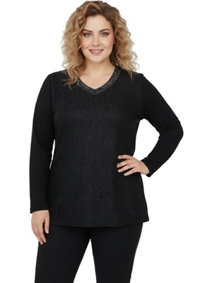 Wearon Kadın Siyah V Yaka Taşlı Bluz BGL-ST05149