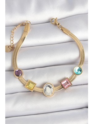 Epilons 316L Çelik Gold Renk İtalyan Zincir Renkli Zirkon Taşlı Kadın Bileklik - TJ-BB6956