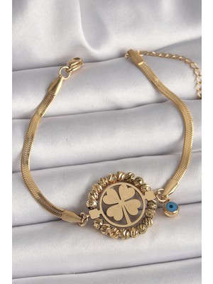 Epilons 316L Çelik Gold Renk Italyan Zincir Model Dorika Yonca Figür Nazar Boncuk Detay Kadın Bileklik - TJ-BB6785