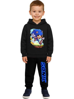 Sedirli Sonic Baskılı Çocuk Eşofman Takımı 3 Iplik Şardonlu Pamuklu Kumaş Kapüşonlu