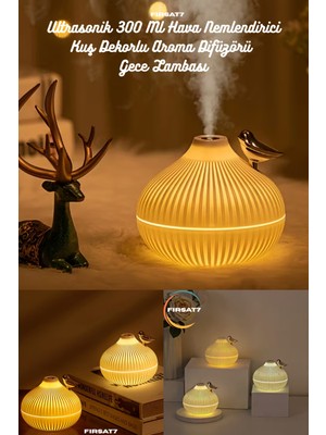 Ultrasonik Dekoratif Kuş Hava Nemlendirici 300 Ml, Aroma Difüzörü ve Gece Lambası