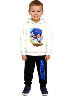Sedirli Sonic Baskılı Çocuk Eşofman Takımı 3 Iplik Şardonlu Pamuklu Kumaş Kapüşonlu