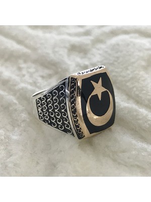 Canka Ay Yıldız Türk Bayraklı  925 Ayar Gümüş Erkek Yüzük