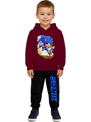 Sedirli Sonic Baskılı Çocuk Eşofman Takımı 3 Iplik Şardonlu Pamuklu Kumaş Kapüşonlu