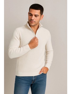 Velmora Fashion Velmora     Yarım Fermuarlı Triko Kazak Beyaz -