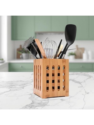Vizka Bambu Kaşıklık , Dekoratif Tezgah Üstü Kaşıklık & Mutfak Düzenleyici Organizer  15X10 cm